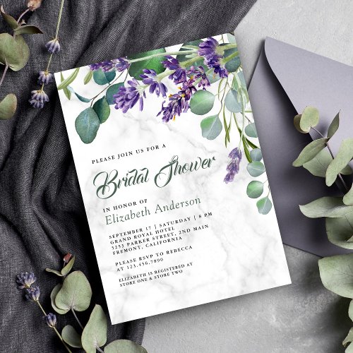Lavender and Eucalyptus White Marble Bridal Shower Invitation