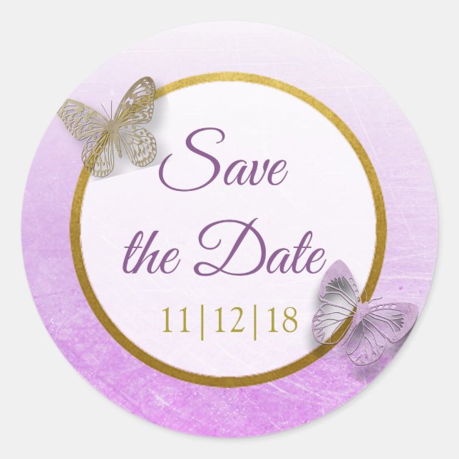 Lavender and Gold Butterfly Save the Date Stickers (Front)