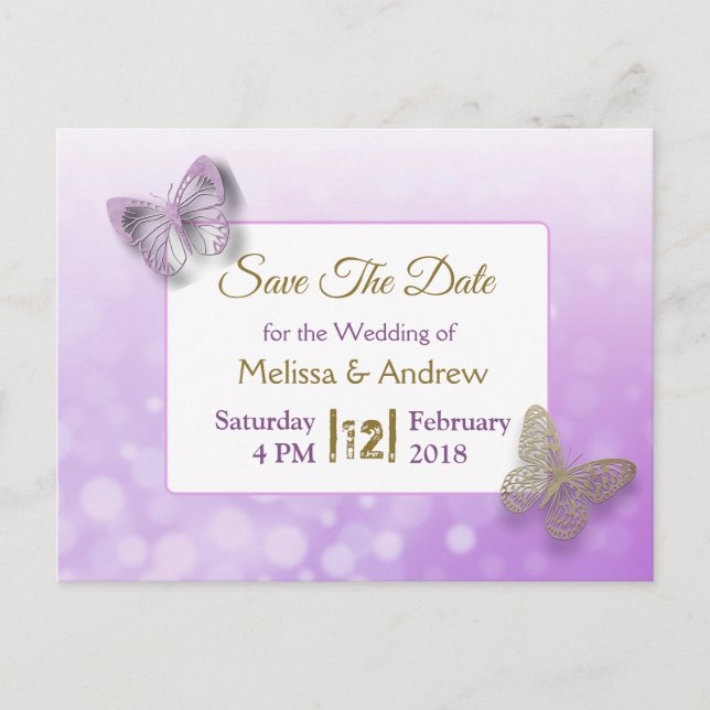 Lavender and Gold Butterfly Save the Dates Wedding Announcement Postcard (Front)