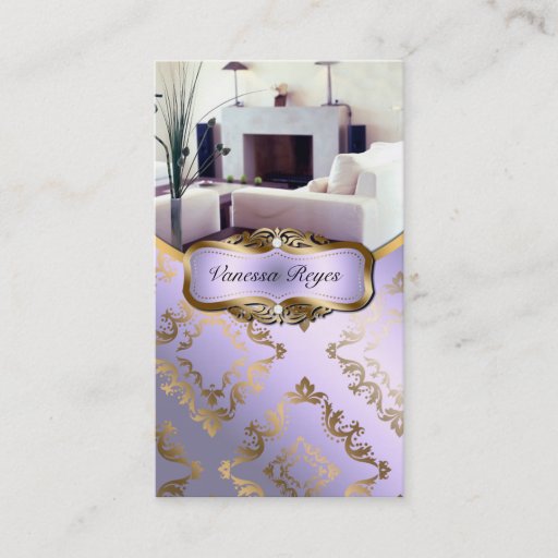 Customizable Lavender and Gold Damask Photo Business Card