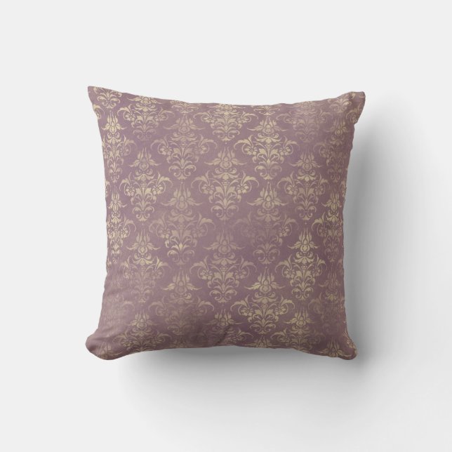 Lavender and Gold Damask Throw Pillow (Front)