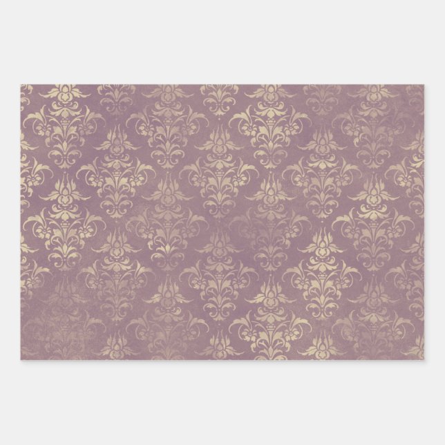 Lavender and Gold Damask Wrapping Paper Sheets (Front)