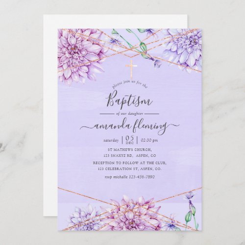 Lavender and Gold Floral Geometric Baptism Invitation