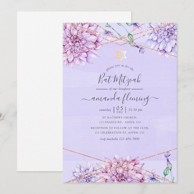 Lavender and Gold Floral Geometric Bat Mitzvah Invitation (Front/Back)