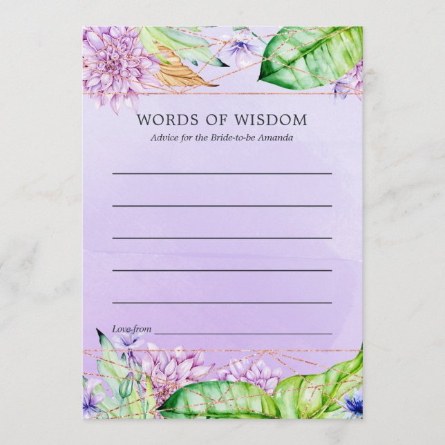 Lavender and Gold Floral Geometric Bridal Shower Advice Card (Front)
