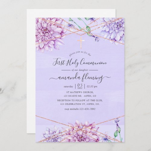 Lavender and Gold Floral Geometric Holy Communion Invitation