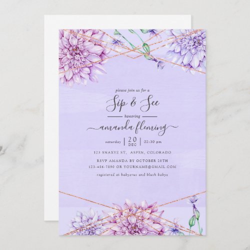 Lavender and Gold Floral Geometric Sip and See Invitation