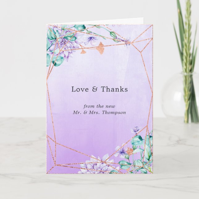 Lavender and Gold Floral Geometric Wedding Photo Thank You Card (Front)
