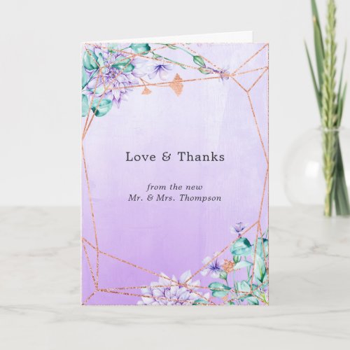 Lavender and Gold Floral Geometric Wedding Photo Thank You Card