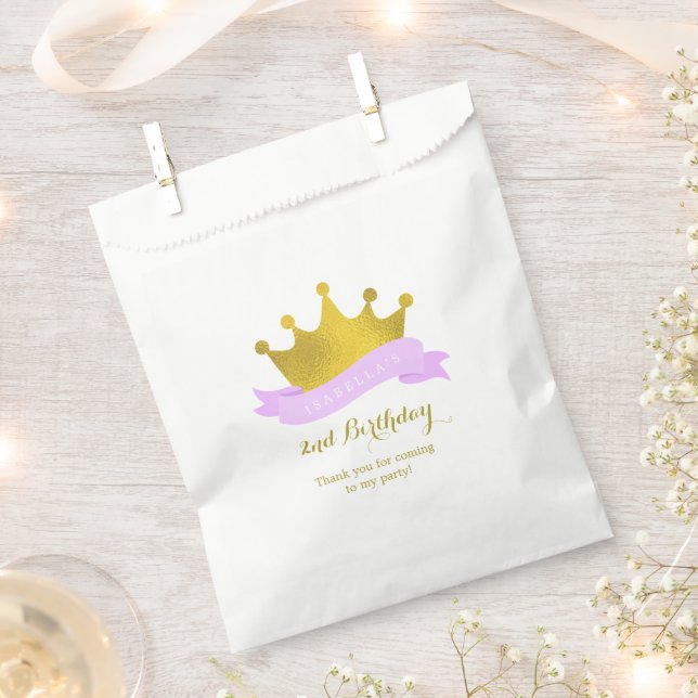 Lavender and Gold Princess Tiara Birthday Party Favor Bag (Clipped)