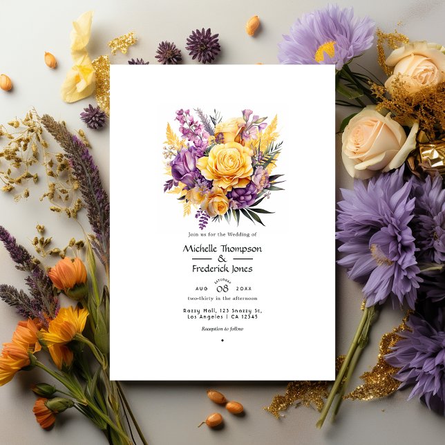 Lavender and Golden Yellow Floral Spring Wedding Invitation (Creator Uploaded)