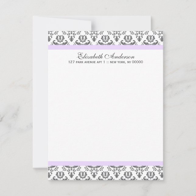 Lavender and Gray Damask Flat Thank You Notes Invitation (Front)