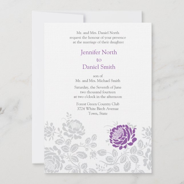Lavender And Gray Damask Wedding Invitations (Front)