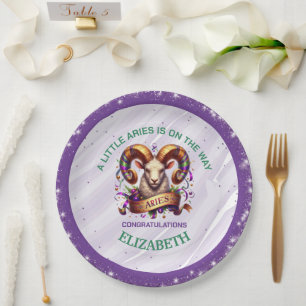 Lavender and Green Aries Zodiac Baby Shower Paper Plates