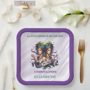 Lavender and Green Gemini Zodiac Baby Shower Paper Plates