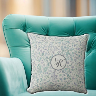 Lavender and Green Leaf Mongram Throw Pillow