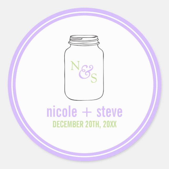 Lavender and Green Mason Jar Monogrammed Wedding Classic Round Sticker (Front)
