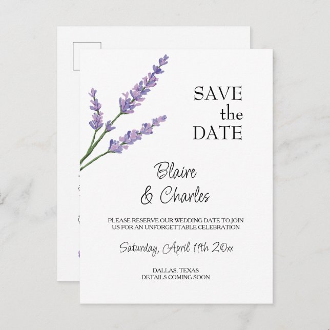 Lavender and Green Postcards Save the Date Card (Front/Back)