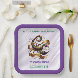 Lavender and Green Scorpio Zodiac Baby Shower Paper Plates