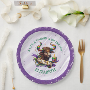 Lavender and Green Taurus Zodiac Baby Shower Paper Plates