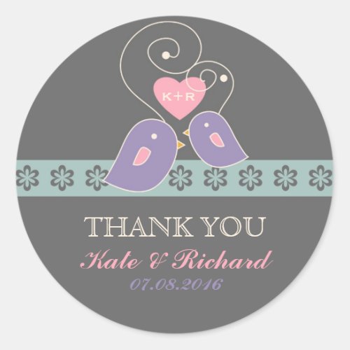 Lavender and Grey Love Birds Wedding Sticker