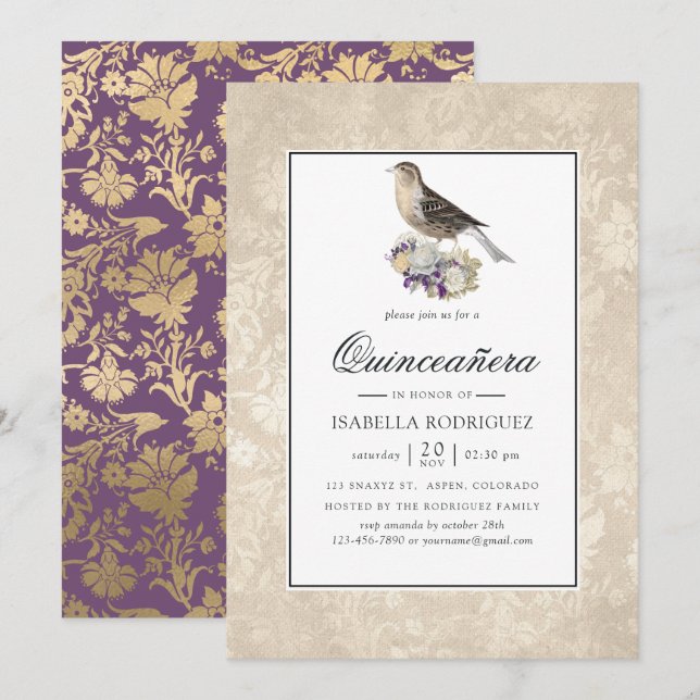 Lavender and Ivory Vintage Quinceañera Invitation (Front/Back)
