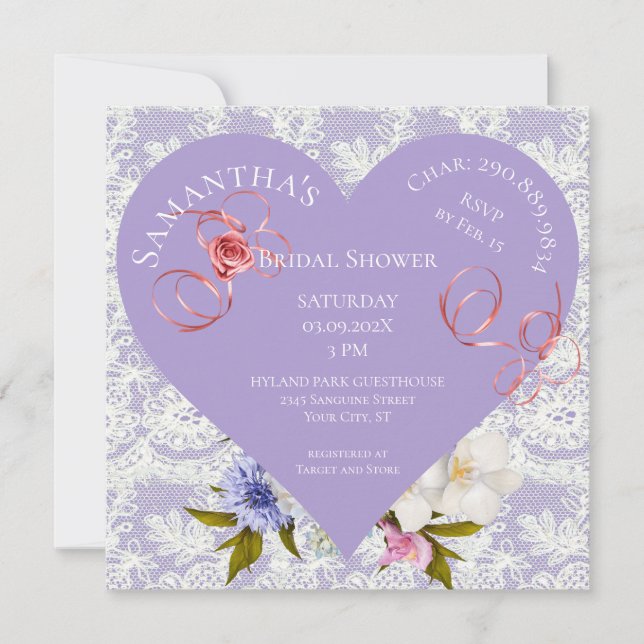Lavender and Lace Heart Bridal Shower Invitation (Front)