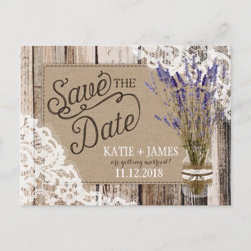 Lavender and Lace Rustic Wood Planks Save the Date Announcement Postcard