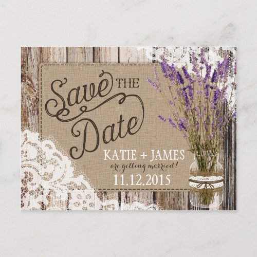 Lavender and Lace Rustic Wood Planks Save the Date Announcement Postcard
