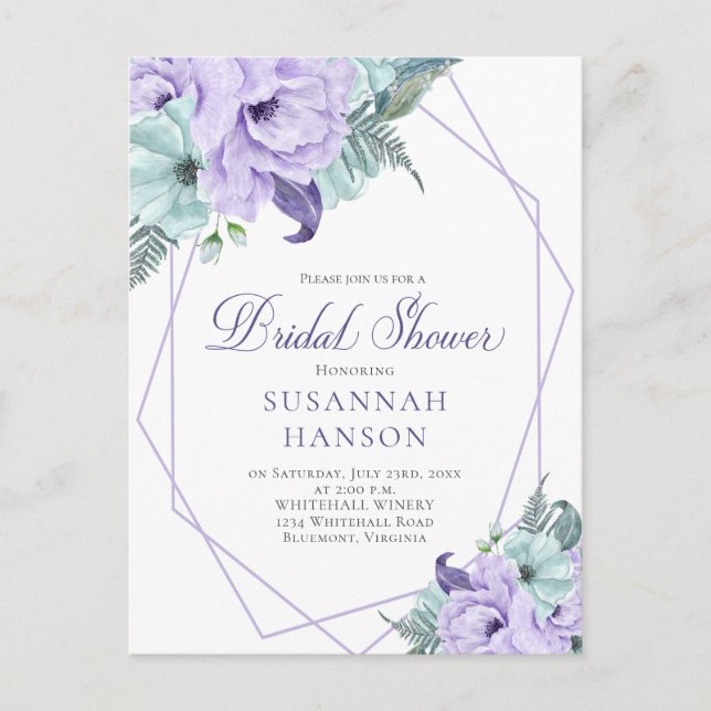 Lavender and Mint Geometric Peonies Bridal Shower Postcard (Front)