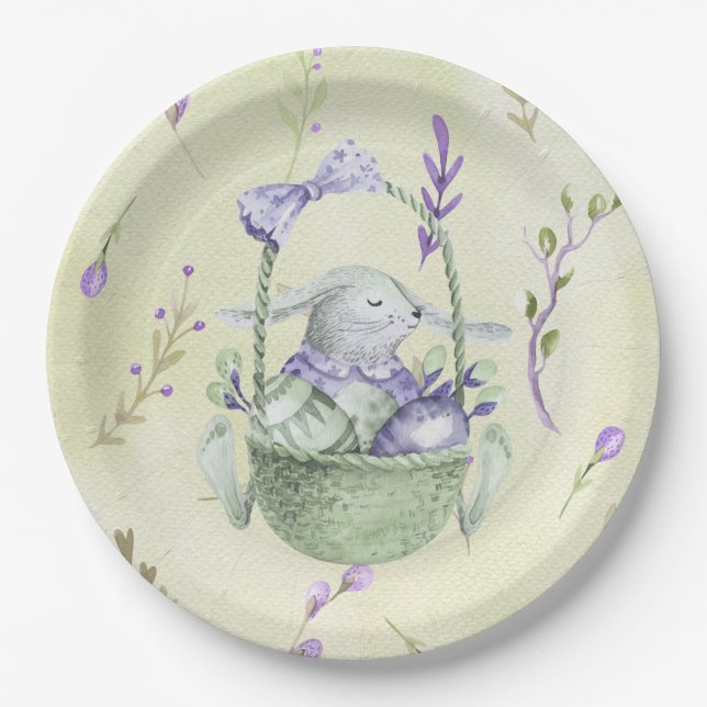 Lavender and Mint Green Easter Bunny Basket Paper Plates (Front)