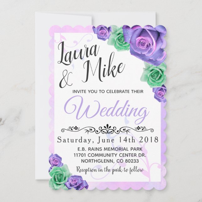 Lavender and Mint Green Rose Wedding Invitations (Front)