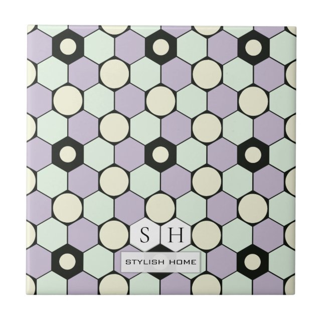 Lavender and Mint Hexagons and Circles Pattern Ceramic Tile (Front)