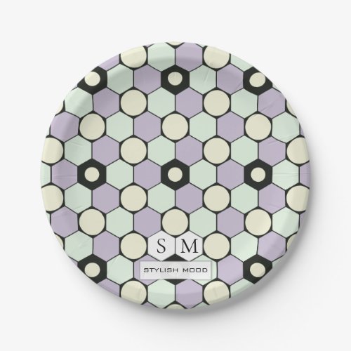 Lavender and Mint Hexagons and Circles Pattern Paper Plates