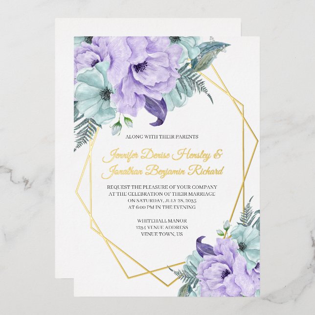 Lavender and Mint Peonies Wedding Foil Invitation (Front/Back)