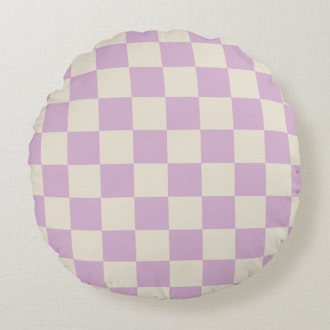 Lavender and Off White Checkerboard Round Pillow (Front)