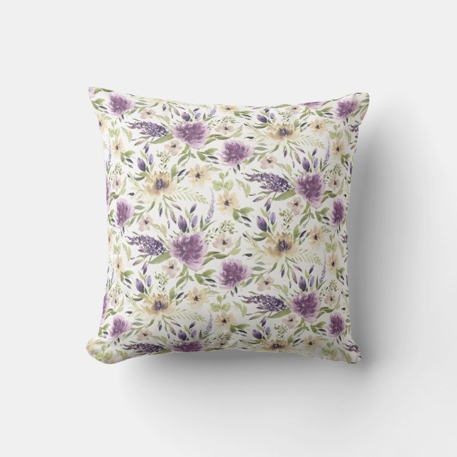 Lavender and Pale Yellow Watercolor Flowers Throw Pillow (Front)