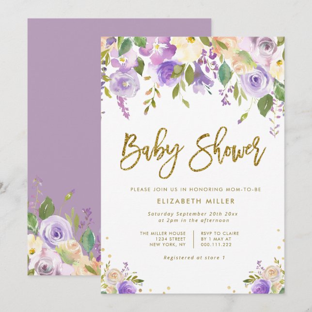 lavender and peach floral baby shower invitation (Front/Back)