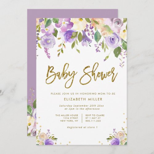 lavender and peach floral baby shower invitation