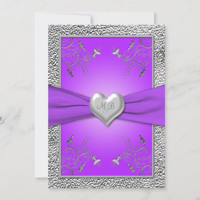 Lavender and Pewter Heart Monogrammed Invitation (Front)