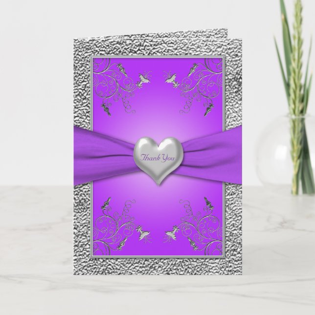 Lavender and Pewter Heart Thank You Card (Front)
