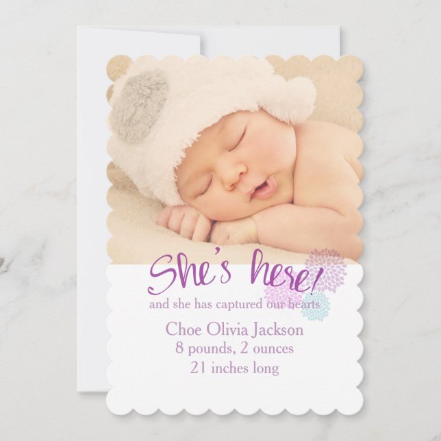Lavender and Pink Photo Birth Announcement (Front)