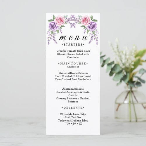 Lavender and Pink Rose Floral Wedding Menu Card