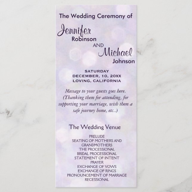 Lavender and Purple Bokeh Wedding Program (Front)