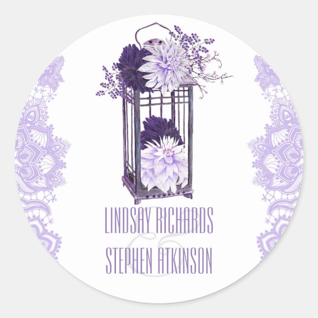 Lavender and Purple Floral Lantern Wedding Classic Round Sticker (Front)