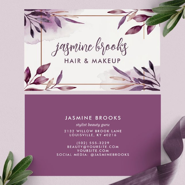 Lavender And Purple Leaves Modern Watercolor Business Card (Creator Uploaded)