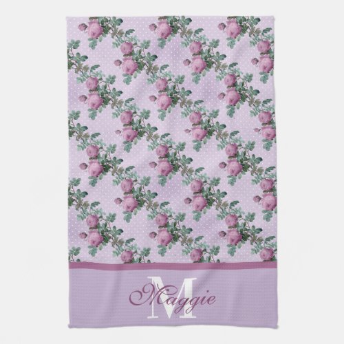 Lavender and Purple Roses On Vines Monogrammed Kitchen Towel