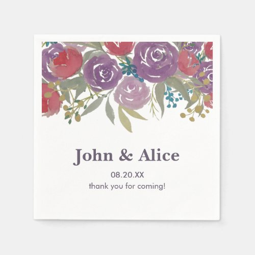 Lavender and Red Watercolor Floral Wedding Napkins