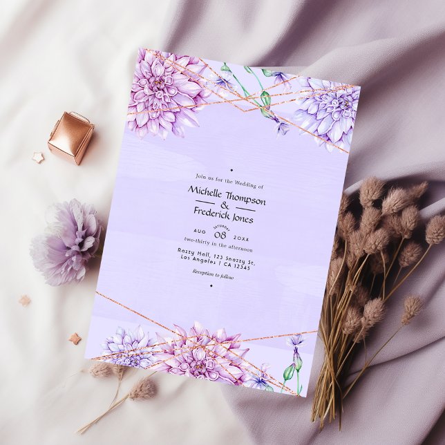 Lavender and Rose Gold Floral Geometric Wedding Invitation (Creator Uploaded)