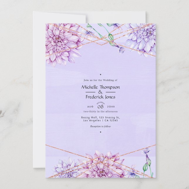 Lavender and Rose Gold Floral Geometric Wedding Invitation (Front)